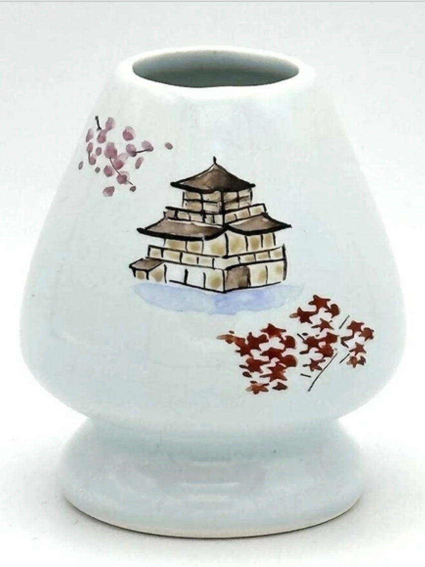 Handpainted whisk stand - floral and castle